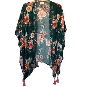 Knox Rose Kimono M/L Green Floral Print Open Front Tassel Bohemian Duster